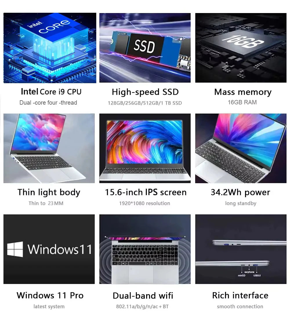 2025 15.6" Windows 11 Pro Laptop Computer Intel Core i9 10980HK 16GB 1TB Laptops Office Computer Fingerprint Unlock Notebook PC