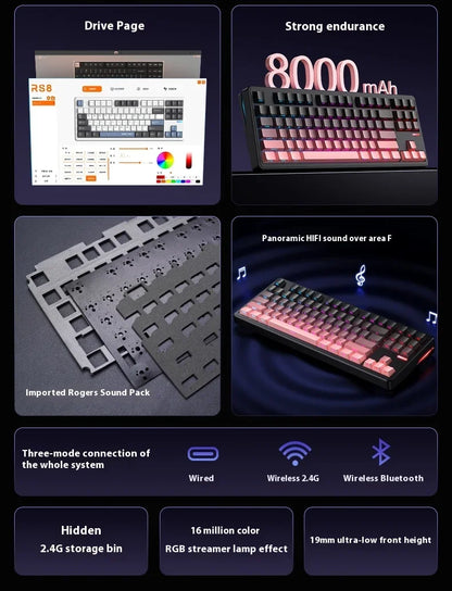 Riccks RS8 V2 Wireless Gaming Mechanical Keyboard Bluetooth 2.4G Wired 8000mAh RGB Hotswap Support QMK-VIA Keyboard for pc Gamer