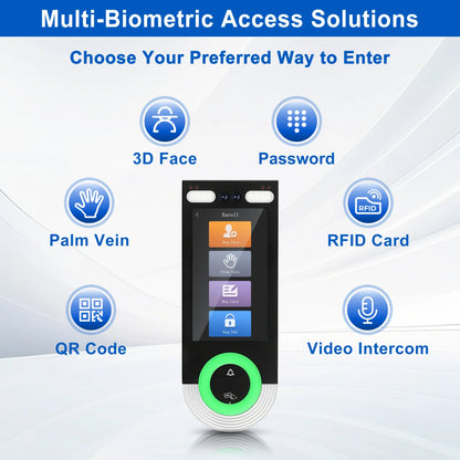 5.5-inch Aluminum Alloy Biometric Face Palm QR RFID Access Control Terminal with Video Intercom Cloud PC Software TCP/IP USB