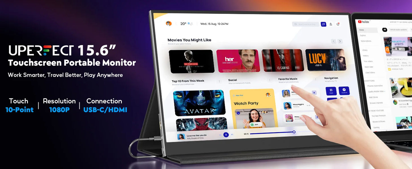 UPERFECT 15.6 inch Portable Monitor Touchscreen 1080P 10-Point Touch Gaming Display With Protective Sleeve VESA For Laptop Phone