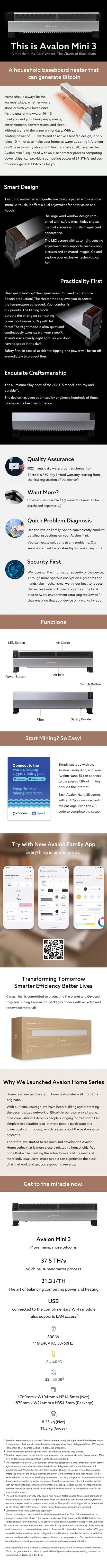 Jingle Mining Canaan Avalon Mini 3 Home 37.5THS 800w bitcoin miner crypto mining machine mini miner bitcone miners bitcion miner