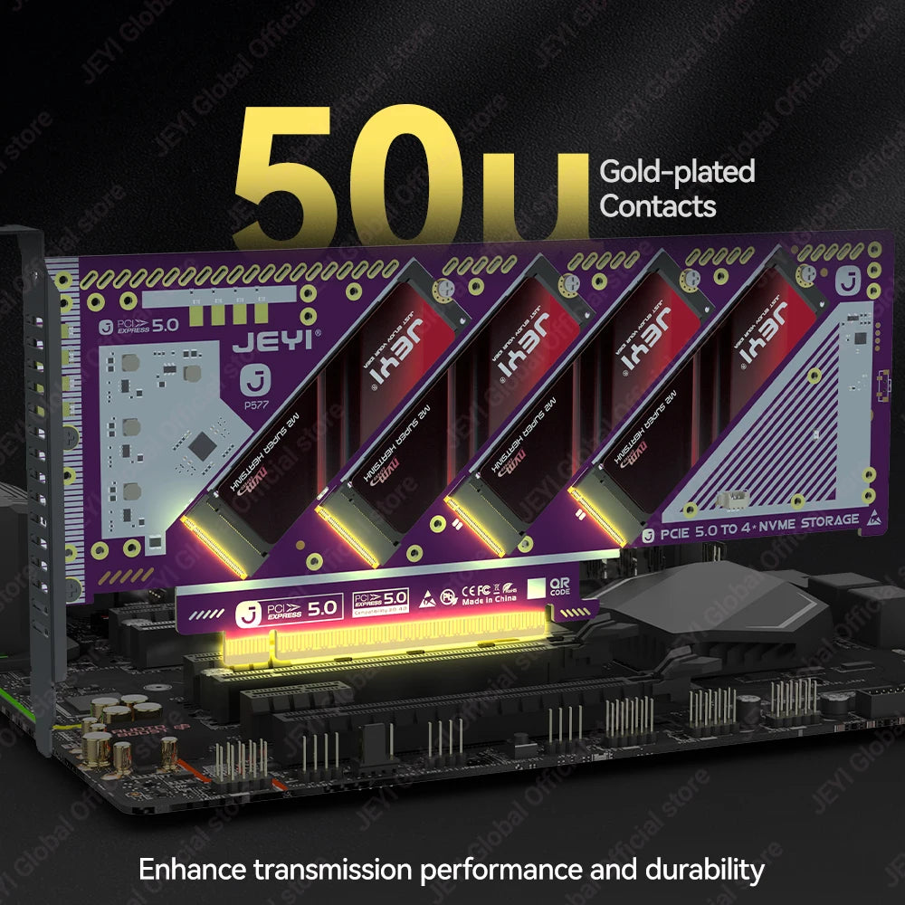 JEYI PCIe 5.0 X16 Quad M.2 Expansion Card - 4-Bay NVMe RAID 0/1/5/JBOD | 512Gb/s Speed | 8TB per SSD | PCIe 4.0/3.0 Compatible