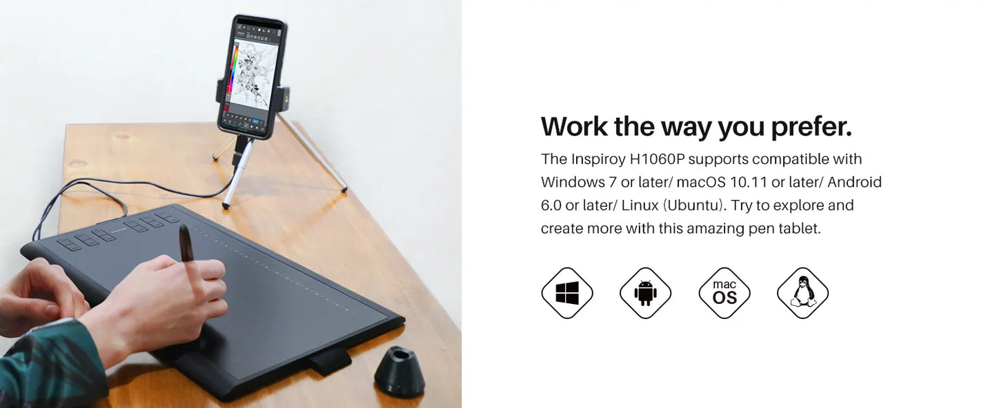 HUION Inspiroy H1060P Graphics Drawing Tablet with 8192 Pressure Sensitivity Battery-Free Stylus and 12 Customized Hot Keys, 10