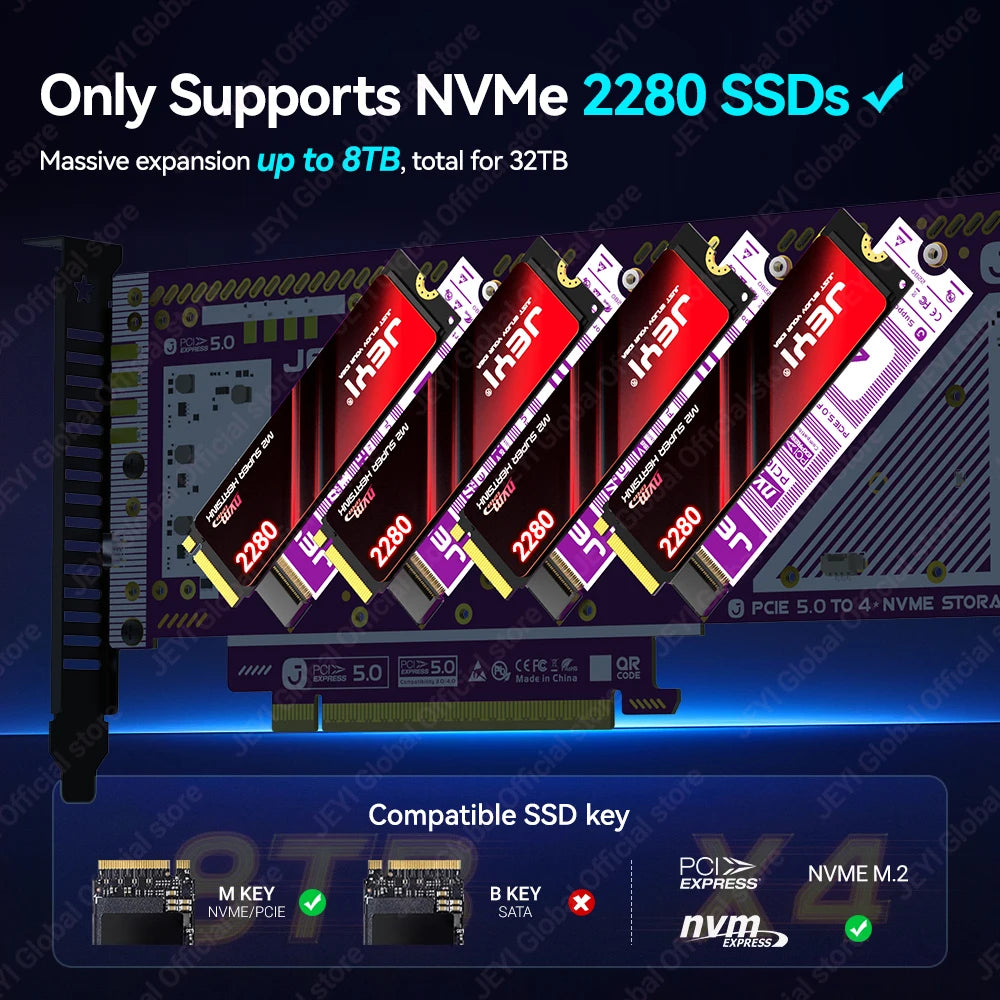 JEYI PCIe 5.0 X16 Quad M.2 Expansion Card - 4-Bay NVMe RAID 0/1/5/JBOD | 512Gb/s Speed | 8TB per SSD | PCIe 4.0/3.0 Compatible