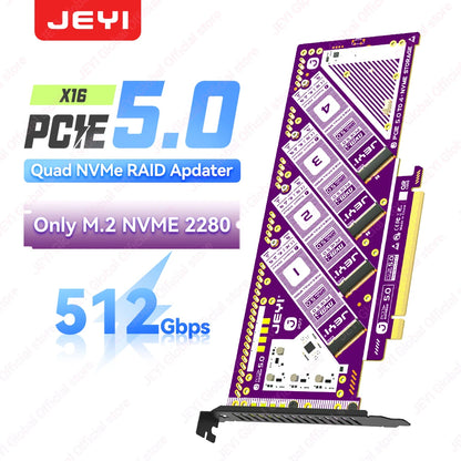 JEYI PCIe 5.0 X16 Quad M.2 Expansion Card - 4-Bay NVMe RAID 0/1/5/JBOD | 512Gb/s Speed | 8TB per SSD | PCIe 4.0/3.0 Compatible