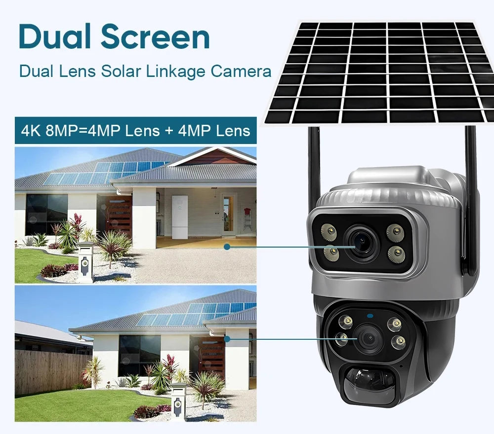 V380 Dual Lens 4G Camera Solar PIR Human Detection Night Vision Waterproof Security Video IP Camara 8MP 4K Battery CCTV Monitor
