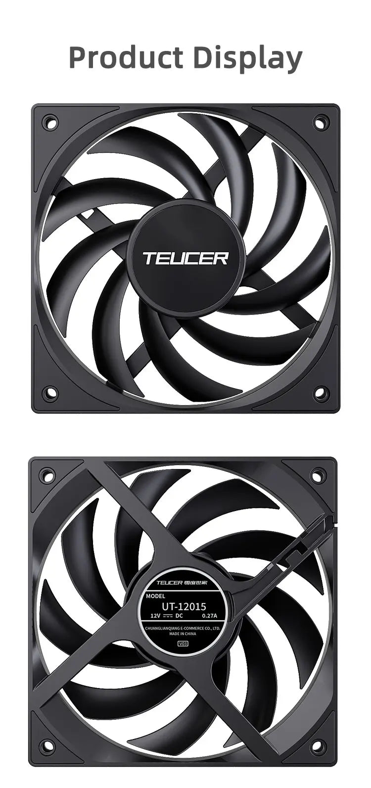 TEUCER UT-12015 PC Fan 120x120x15mm Slim FDB Bearing Case Fan with PWM Sharing Technology (PST), Quiet Motor, 800–2400 RPM
