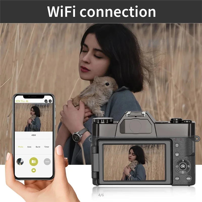 CABE-Digital Camera 4K HD Camcorder WIFI Webcam Wide Angle Lens 16X Digital Zoom 48MP 3 Inch Flip Screen Recorder