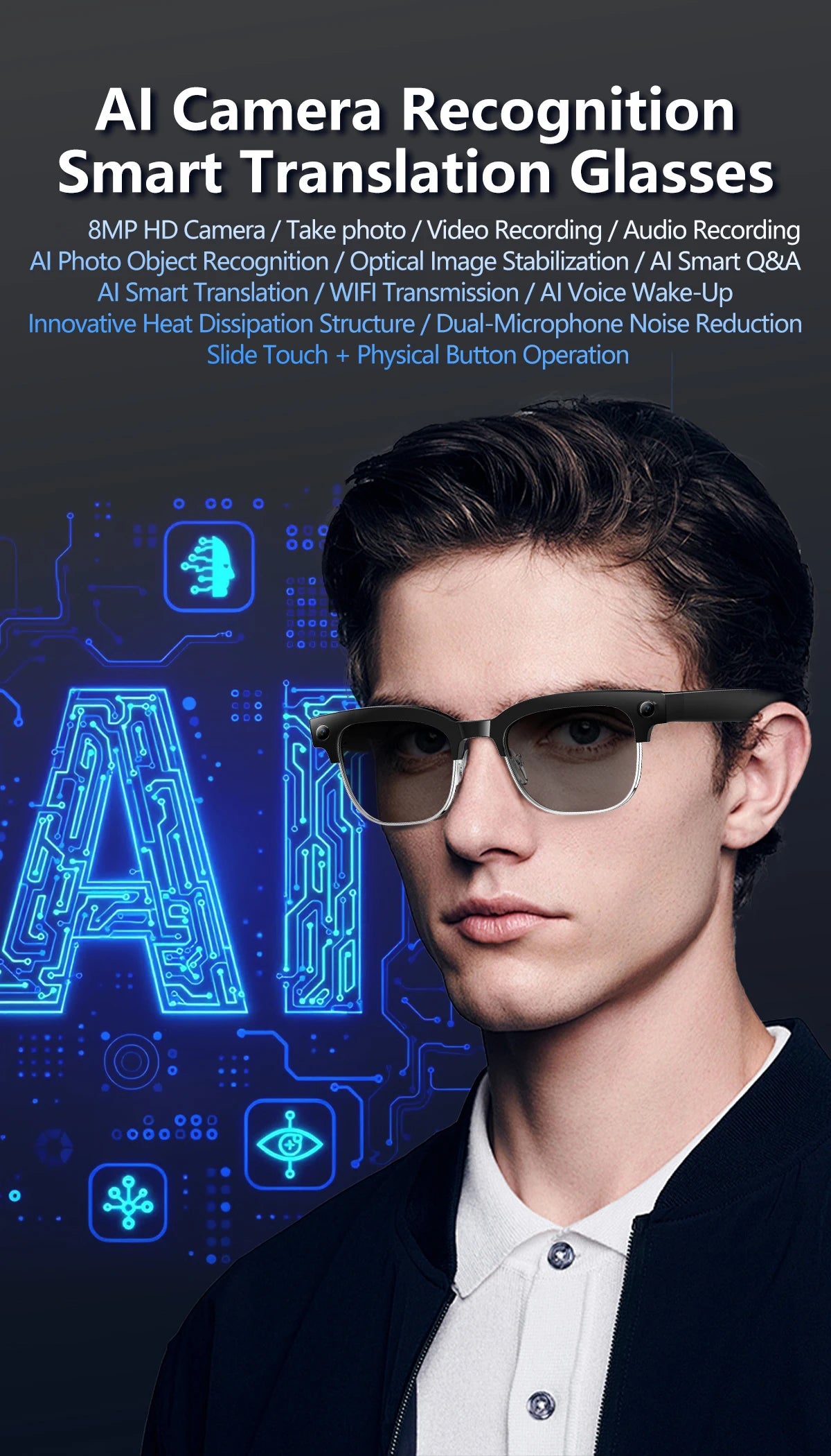 AI Smart Translation Smart Glasses 8 Million HD Camera Optical Image Stabilization Dual Microphone Noise Reduction Smart Glasses