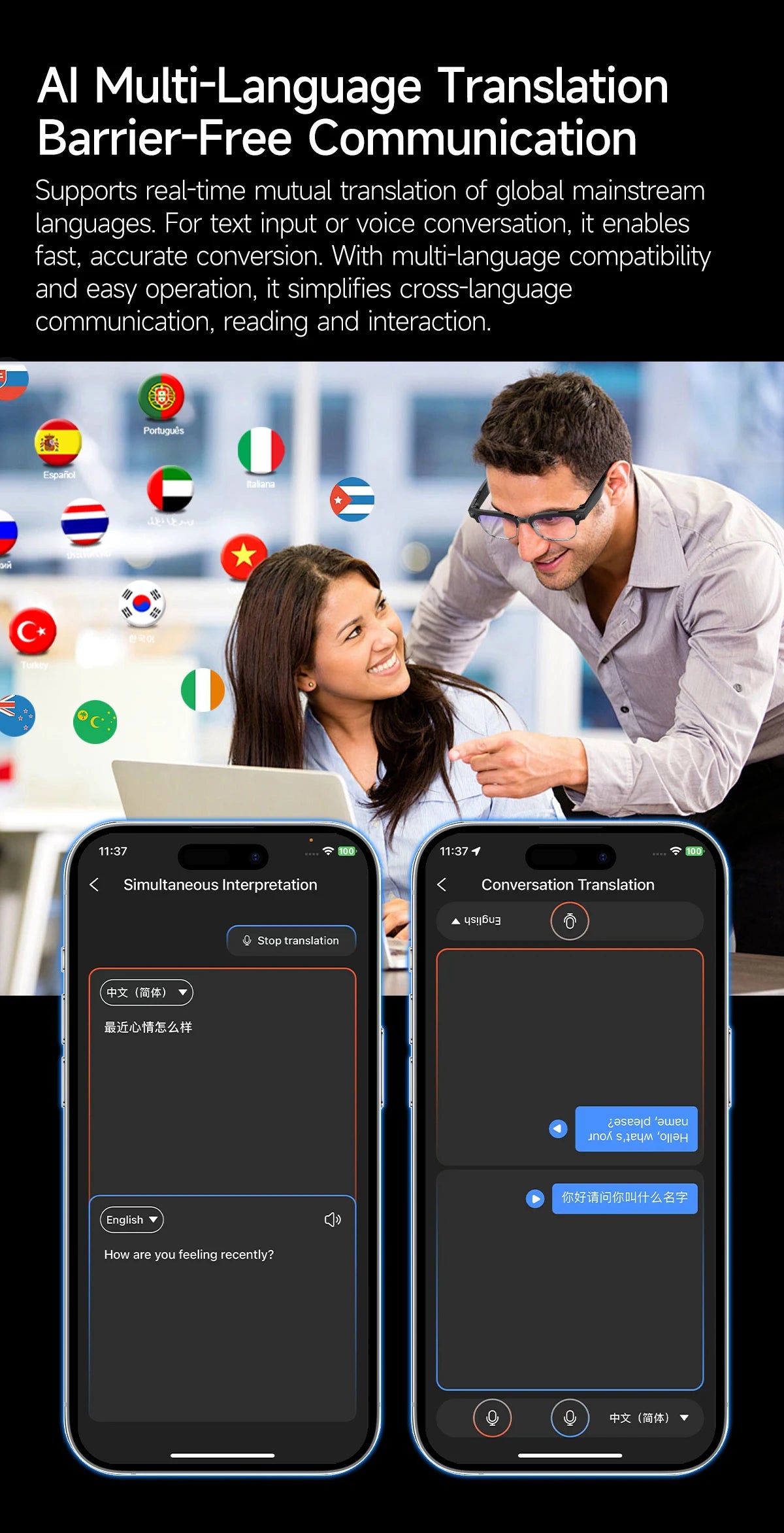 AI Smart Translation Smart Glasses 8 Million HD Camera Optical Image Stabilization Dual Microphone Noise Reduction Smart Glasses