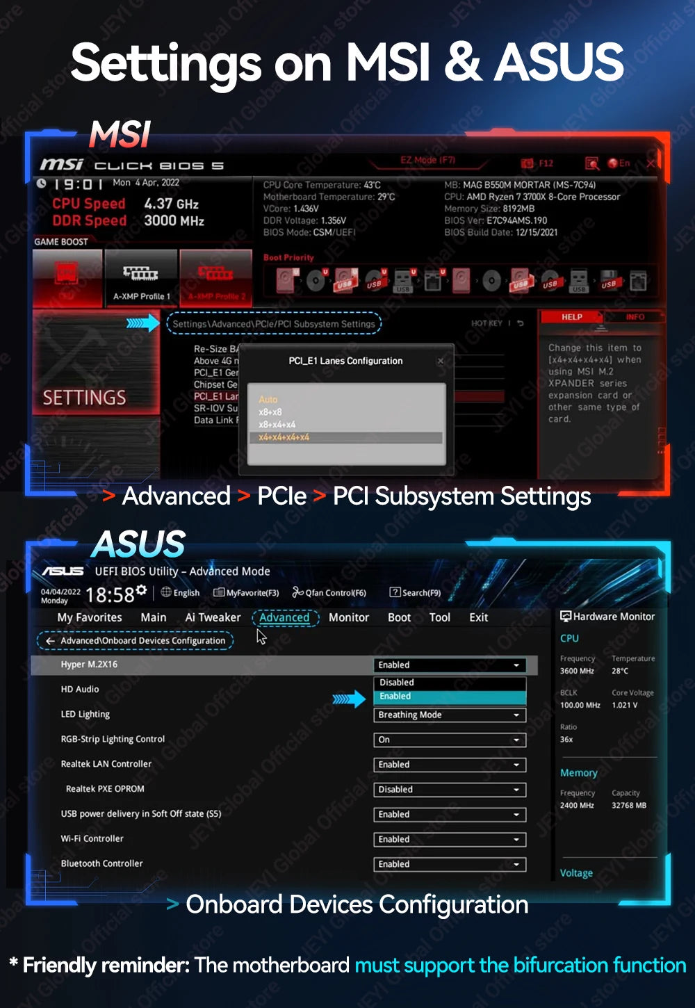 JEYI PCIe 5.0 X16 Quad M.2 Expansion Card - 4-Bay NVMe RAID 0/1/5/JBOD | 512Gb/s Speed | 8TB per SSD | PCIe 4.0/3.0 Compatible