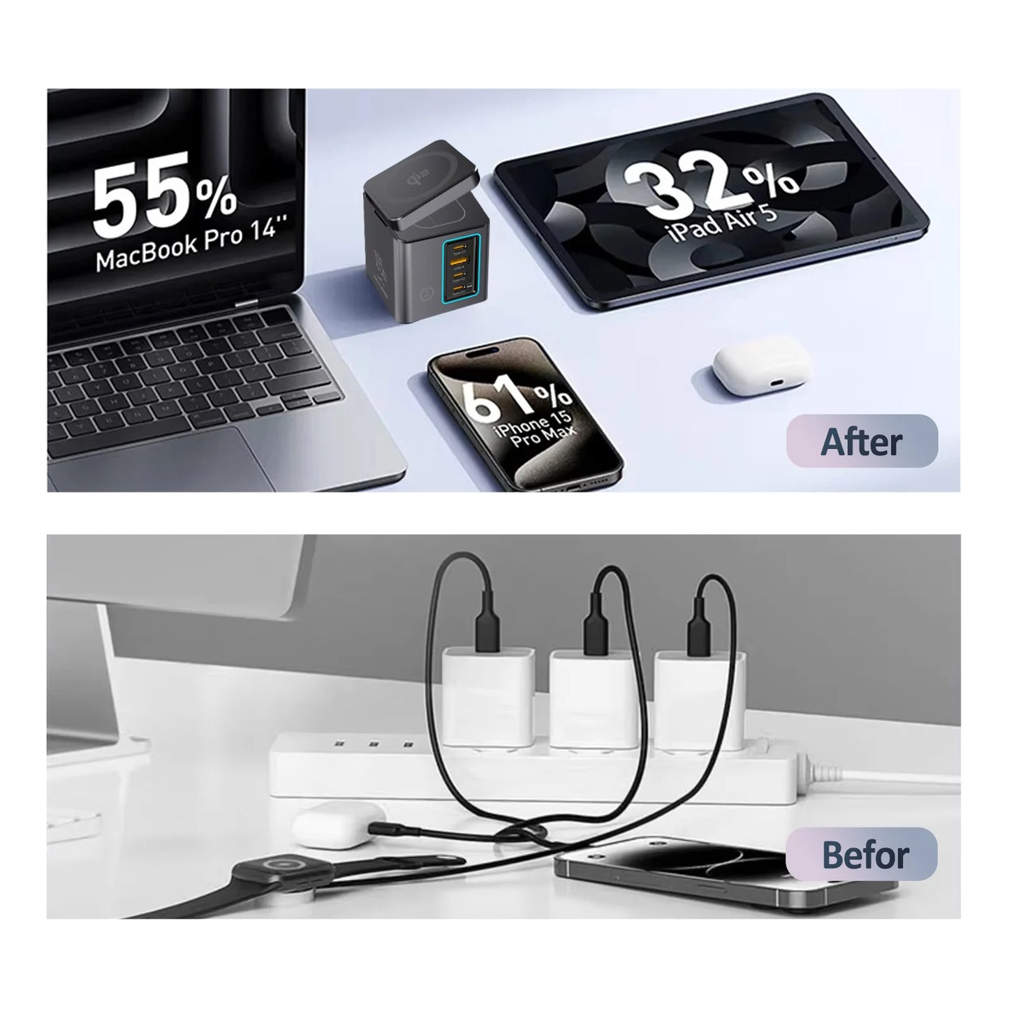 NEW GaN 6 in 1 105W Magnetic Wireless Charger Stand 15W Fast Wireless Charging Desktop Dock Station For iPhone16 15 14 13 Airpod