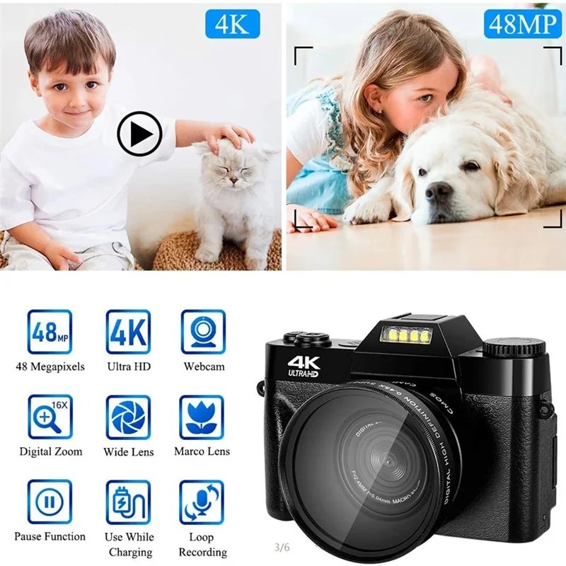 CABE-Digital Camera 4K HD Camcorder WIFI Webcam Wide Angle Lens 16X Digital Zoom 48MP 3 Inch Flip Screen Recorder