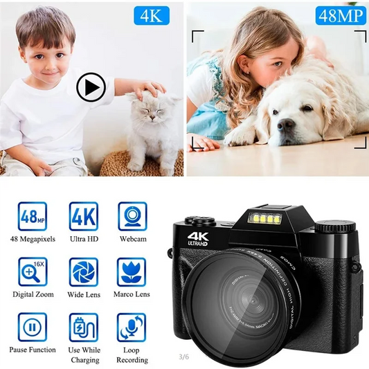 CABE-Digital Camera 4K HD Camcorder WIFI Webcam Wide Angle Lens 16X Digital Zoom 48MP 3 Inch Flip Screen Recorder