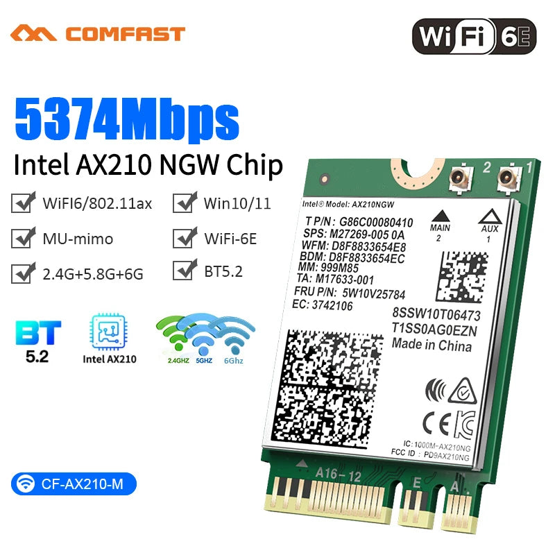 comfast Intel AX200/AX210 WiFi 6E 2.4GHz/5GHz/6GHz Network Adapter 5400Mbps Bluetooth 5.3 For Laptop Ultra-Low Latency M.2/NGFF