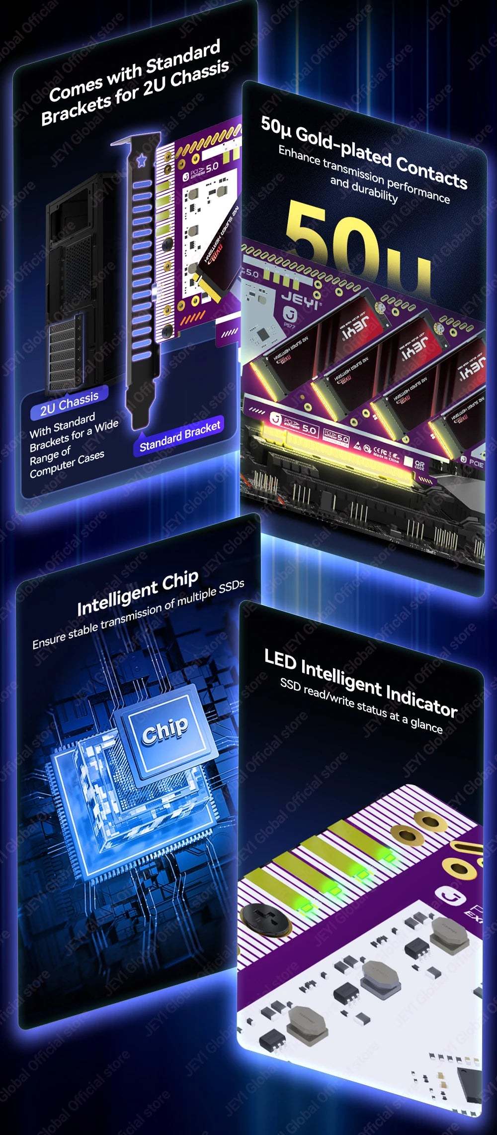 JEYI PCIe 5.0 X16 Quad M.2 Expansion Card - 4-Bay NVMe RAID 0/1/5/JBOD | 512Gb/s Speed | 8TB per SSD | PCIe 4.0/3.0 Compatible