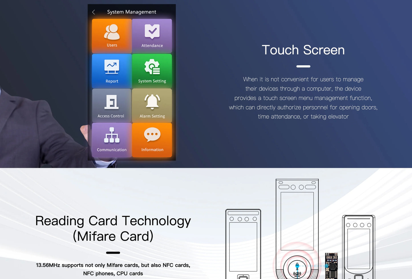 5.5-inch Aluminum Alloy Biometric Face Palm QR RFID Access Control Terminal with Video Intercom Cloud PC Software TCP/IP USB