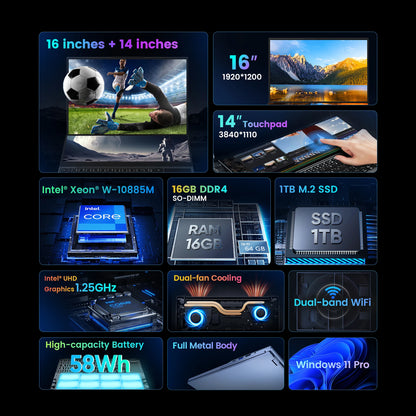 N-one NBook Fly 16+14 Inch Touch Screen Intel Xeon W-10885M Laptop 16GB+1TB SSD(Up to 5.3GHz) Gaming Computer Business Notebo
