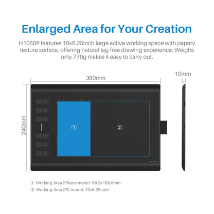 HUION Inspiroy H1060P Graphics Drawing Tablet with 8192 Pressure Sensitivity Battery-Free Stylus and 12 Customized Hot Keys, 10