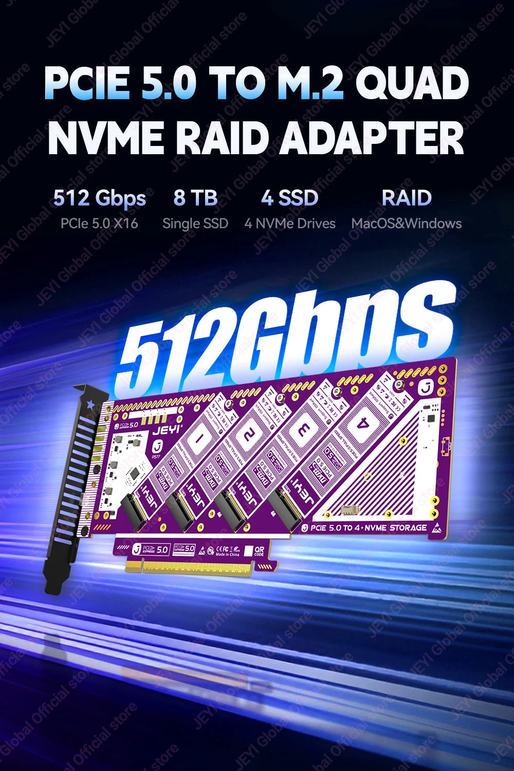 JEYI PCIe 5.0 X16 Quad M.2 Expansion Card - 4-Bay NVMe RAID 0/1/5/JBOD | 512Gb/s Speed | 8TB per SSD | PCIe 4.0/3.0 Compatible