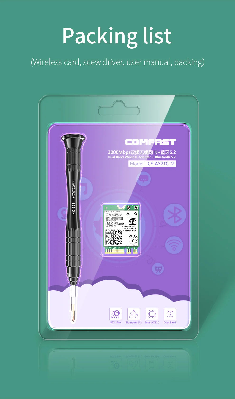 comfast Intel AX200/AX210 WiFi 6E 2.4GHz/5GHz/6GHz Network Adapter 5400Mbps Bluetooth 5.3 For Laptop Ultra-Low Latency M.2/NGFF