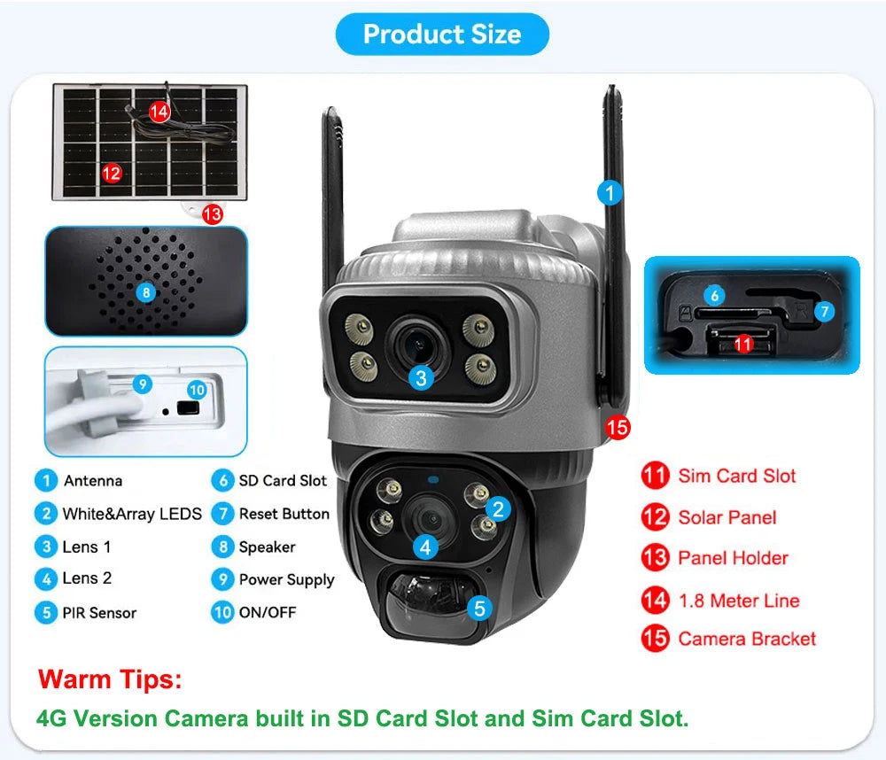 V380 Dual Lens 4G Camera Solar PIR Human Detection Night Vision Waterproof Security Video IP Camara 8MP 4K Battery CCTV Monitor