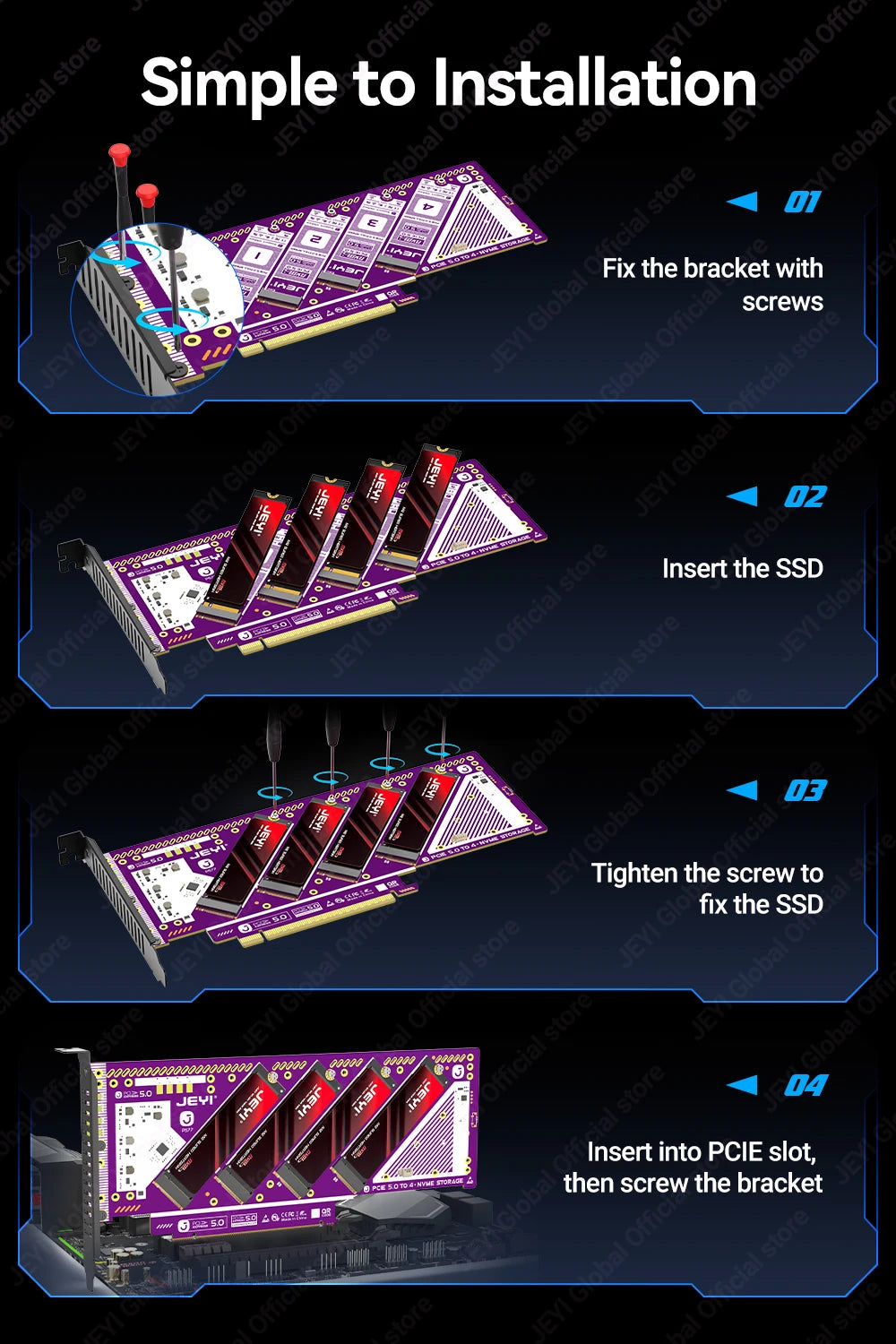 JEYI PCIe 5.0 X16 Quad M.2 Expansion Card - 4-Bay NVMe RAID 0/1/5/JBOD | 512Gb/s Speed | 8TB per SSD | PCIe 4.0/3.0 Compatible