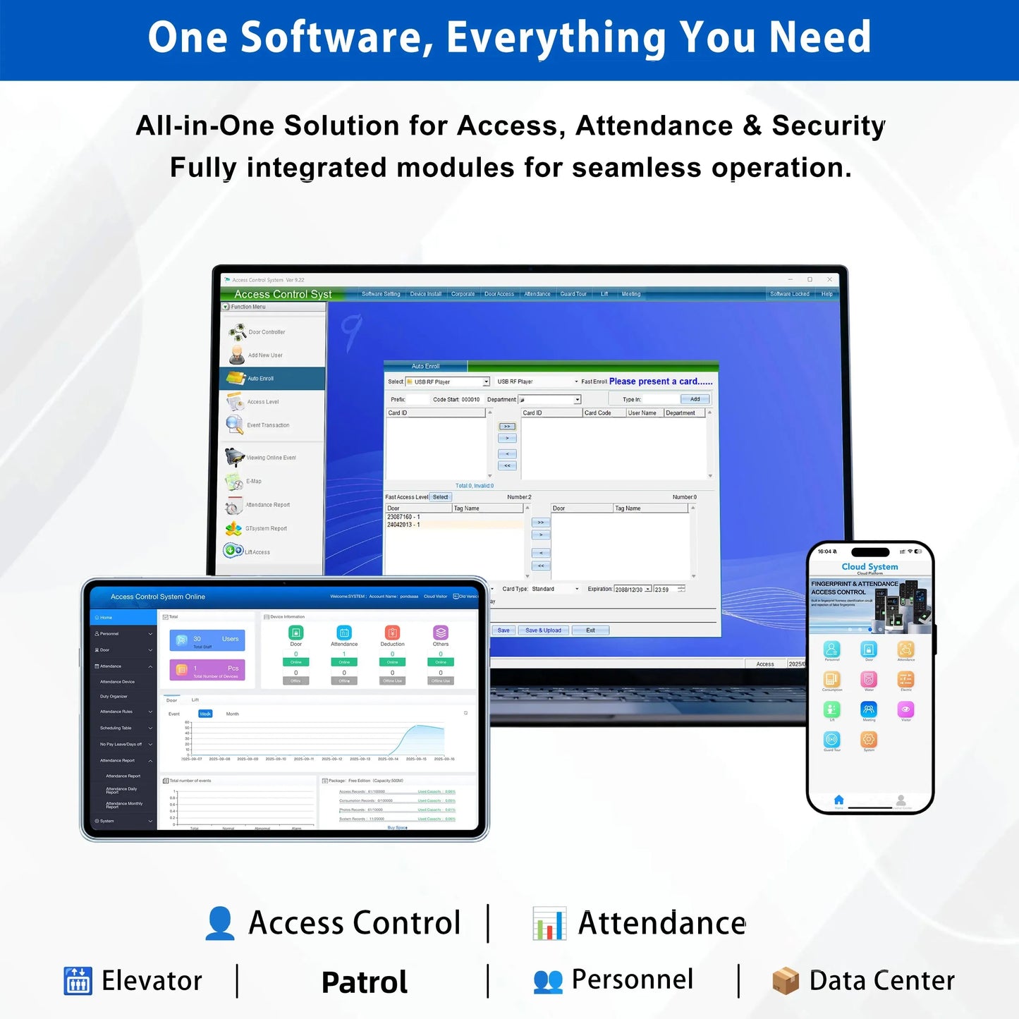 5.5-inch Aluminum Alloy Biometric Face Palm QR RFID Access Control Terminal with Video Intercom Cloud PC Software TCP/IP USB