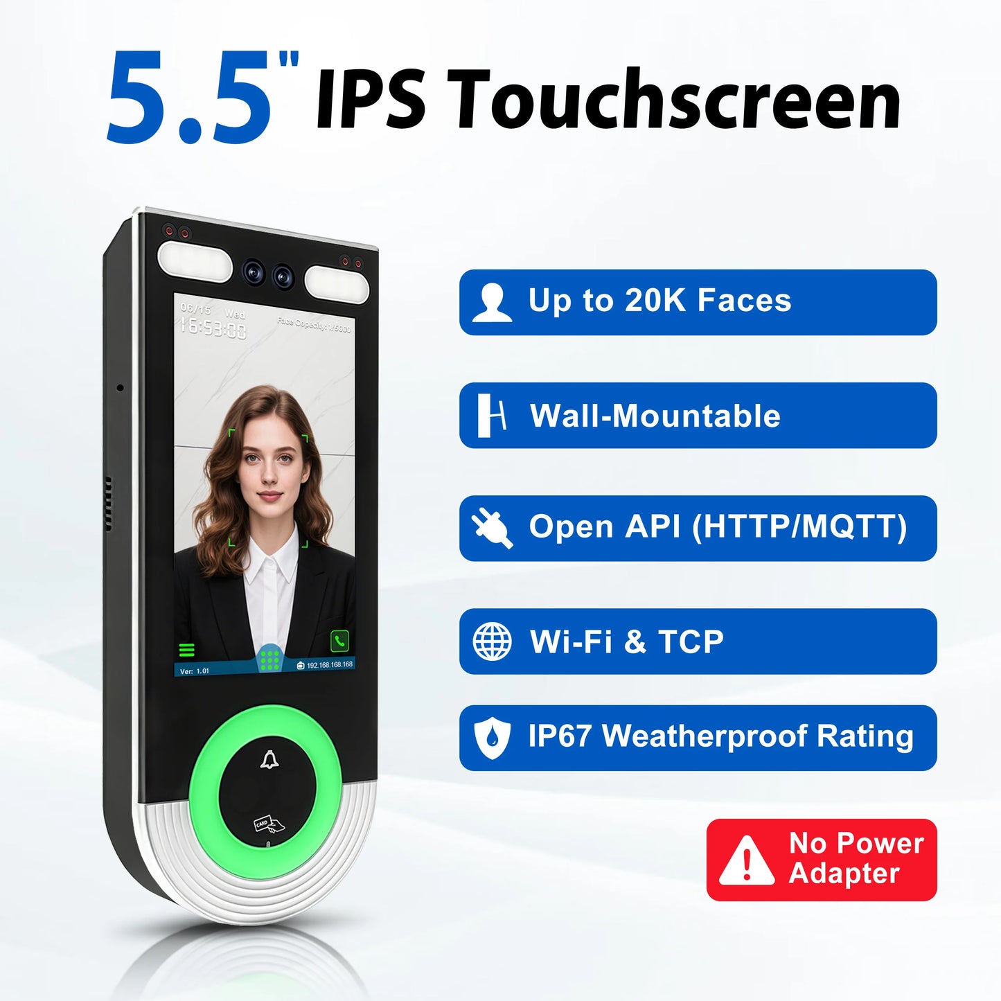 5.5-inch Aluminum Alloy Biometric Face Palm QR RFID Access Control Terminal with Video Intercom Cloud PC Software TCP/IP USB
