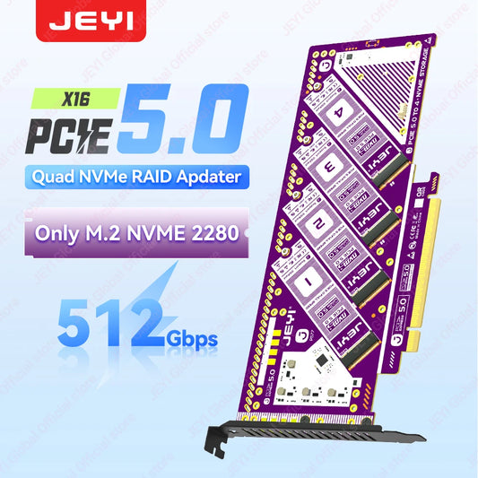 JEYI PCIe 5.0 X16 Quad M.2 Expansion Card - 4-Bay NVMe RAID 0/1/5/JBOD | 512Gb/s Speed | 8TB per SSD | PCIe 4.0/3.0 Compatible