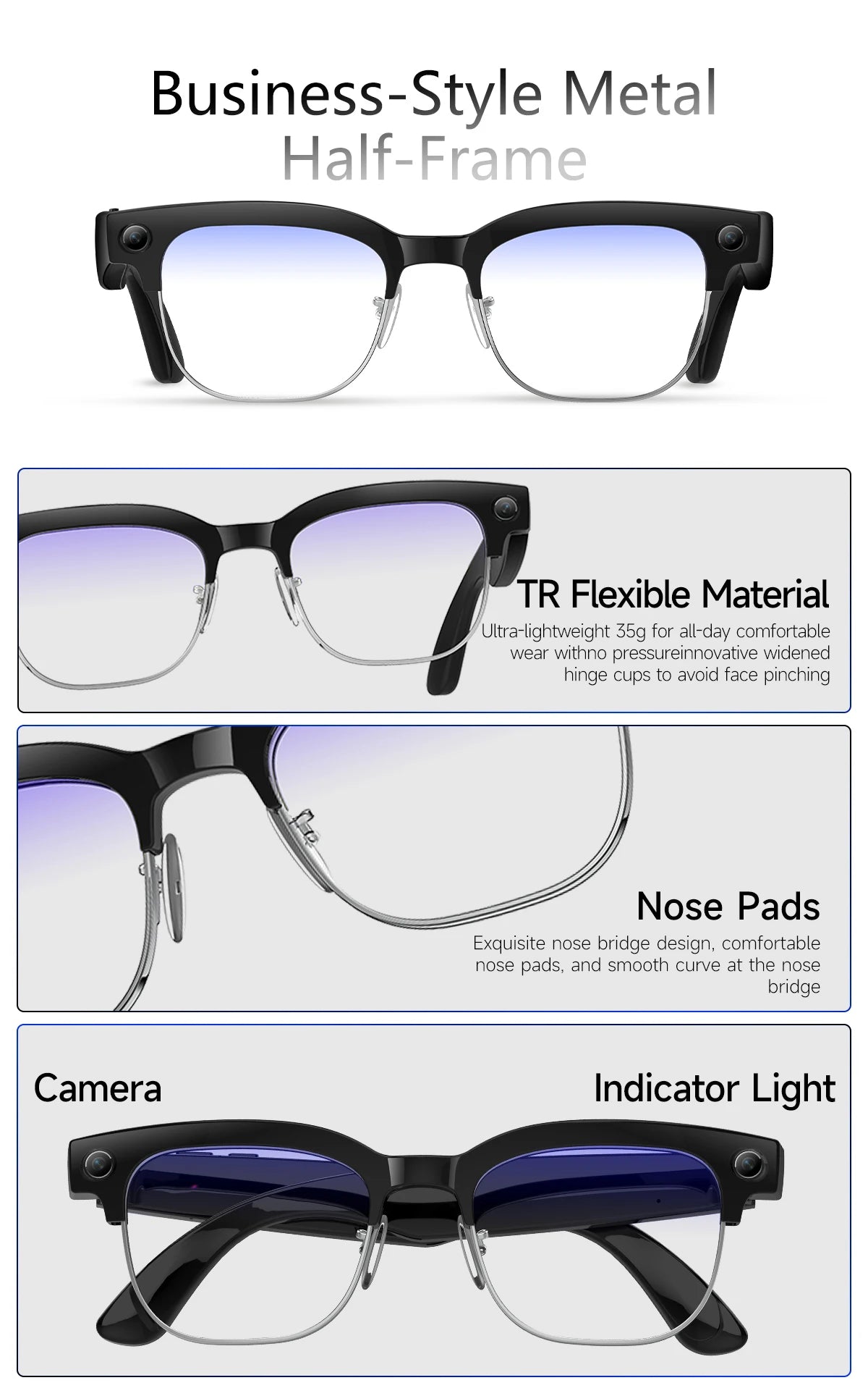 AI Smart Translation Smart Glasses 8 Million HD Camera Optical Image Stabilization Dual Microphone Noise Reduction Smart Glasses