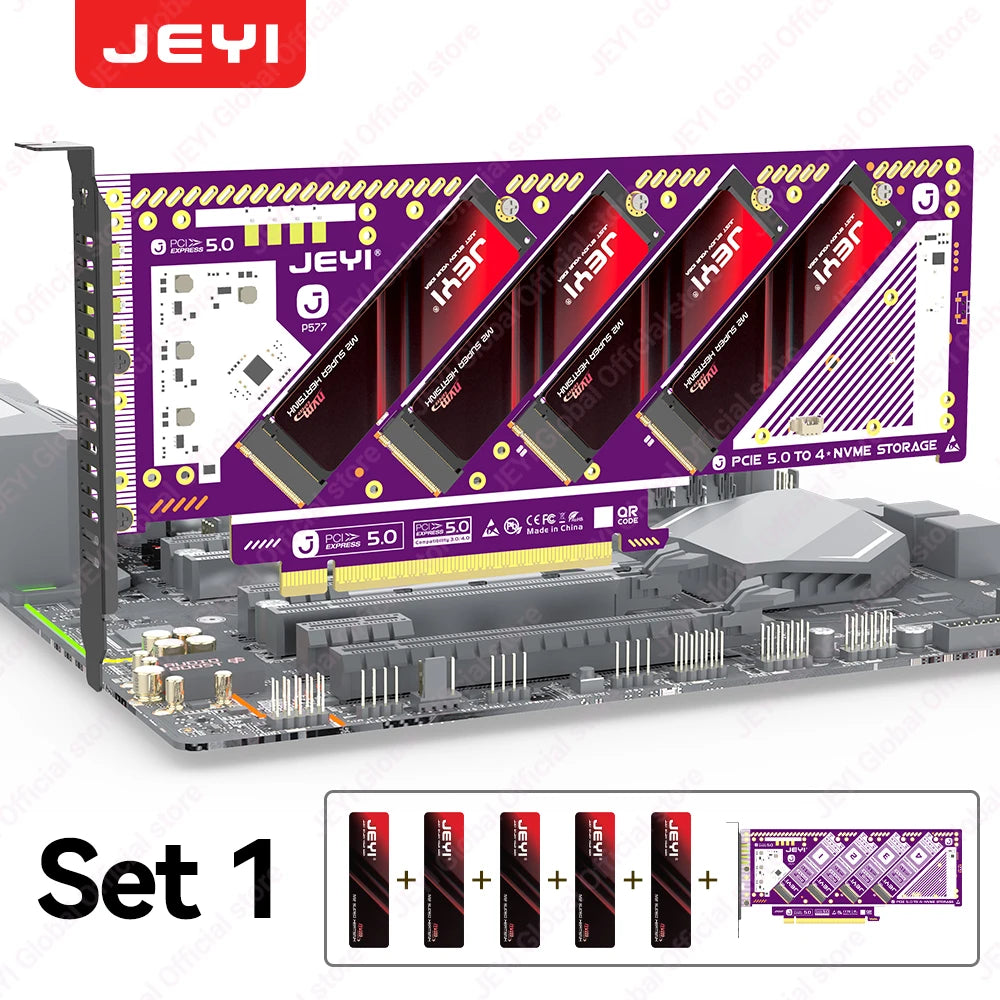 JEYI PCIe 5.0 X16 Quad M.2 Expansion Card - 4-Bay NVMe RAID 0/1/5/JBOD | 512Gb/s Speed | 8TB per SSD | PCIe 4.0/3.0 Compatible