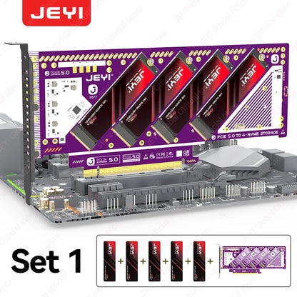 JEYI PCIe 5.0 X16 Quad M.2 Expansion Card - 4-Bay NVMe RAID 0/1/5/JBOD | 512Gb/s Speed | 8TB per SSD | PCIe 4.0/3.0 Compatible