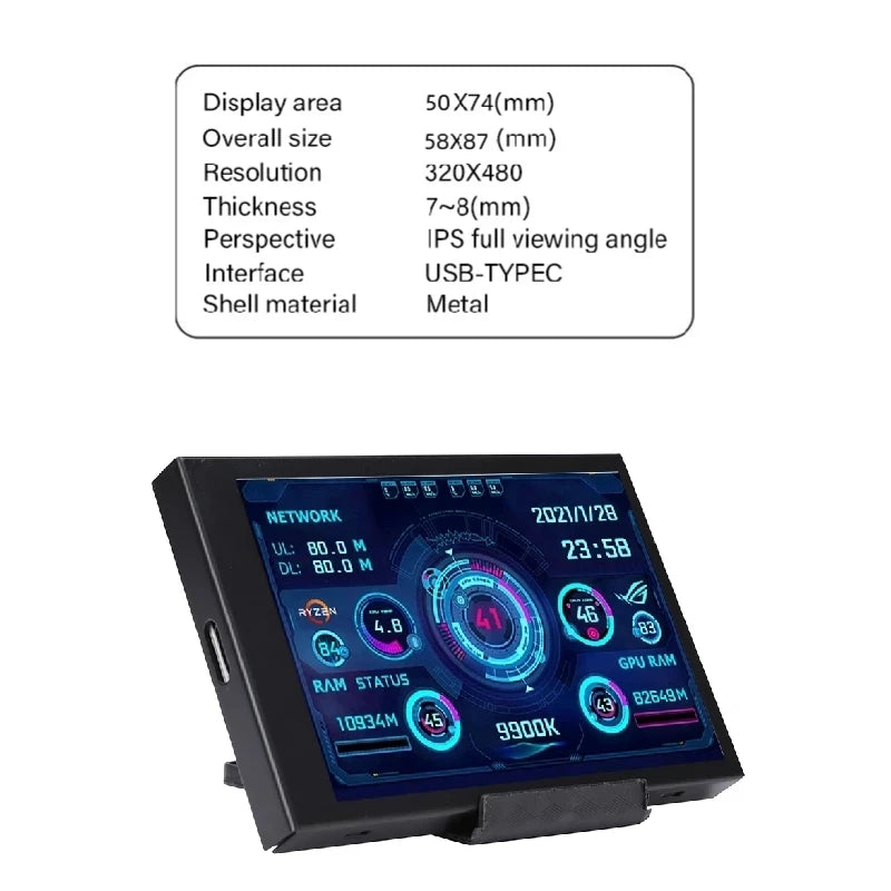 New 3.5 Inch IPS Type-C Secondary Screen for Computer CPU GPU RAM HDD Hardware Monitor LCD Display Freely AIDA64 Windows