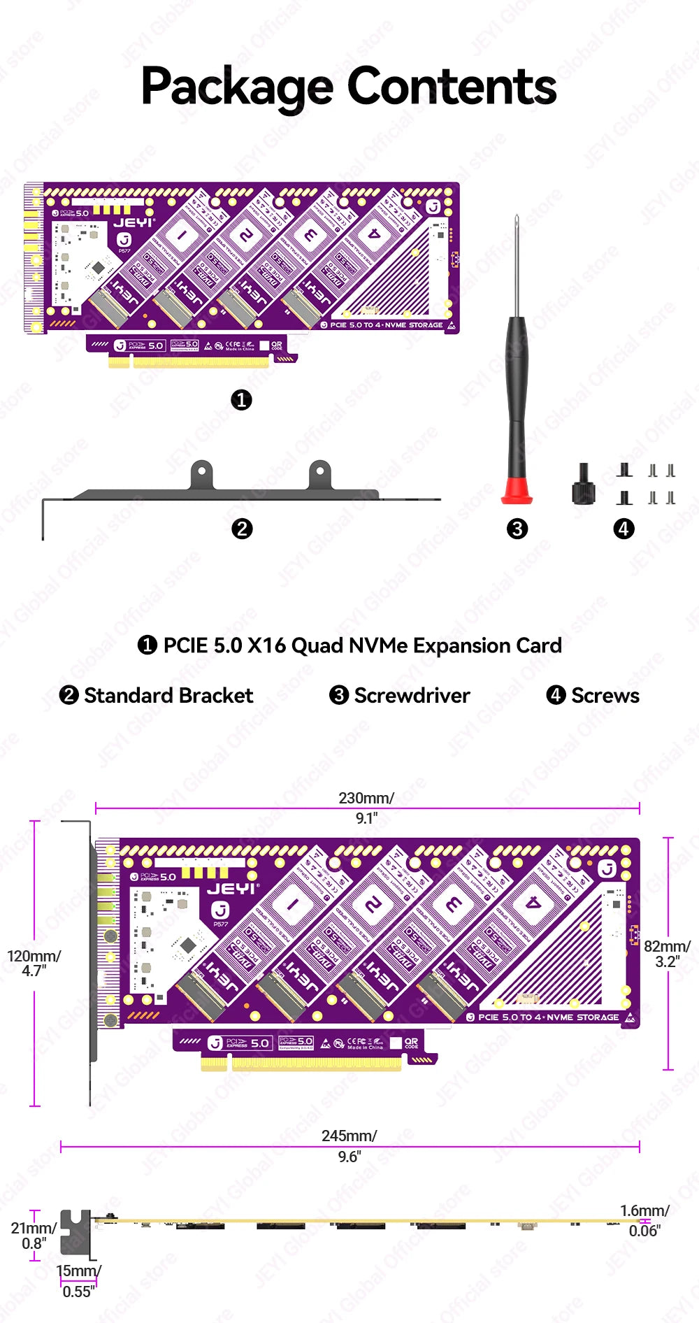 JEYI PCIe 5.0 X16 Quad M.2 Expansion Card - 4-Bay NVMe RAID 0/1/5/JBOD | 512Gb/s Speed | 8TB per SSD | PCIe 4.0/3.0 Compatible
