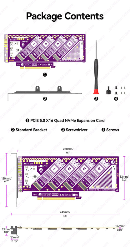 JEYI PCIe 5.0 X16 Quad M.2 Expansion Card - 4-Bay NVMe RAID 0/1/5/JBOD | 512Gb/s Speed | 8TB per SSD | PCIe 4.0/3.0 Compatible