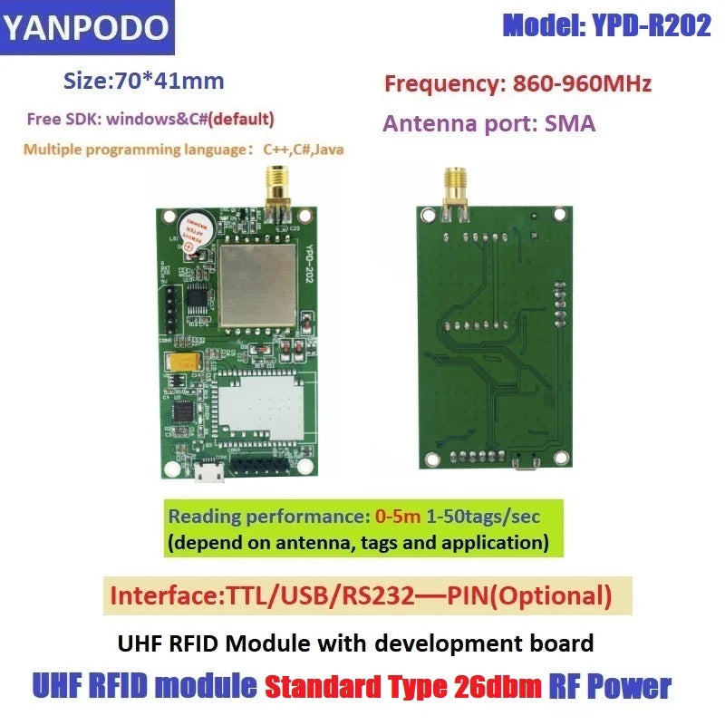 R200 Chip UHF RFID Reader Module - Long Read Range, Multi-Interface(Wifi/USB/RS232/TTL Uart) for Raspberry Pi/Arduino, Free SDK