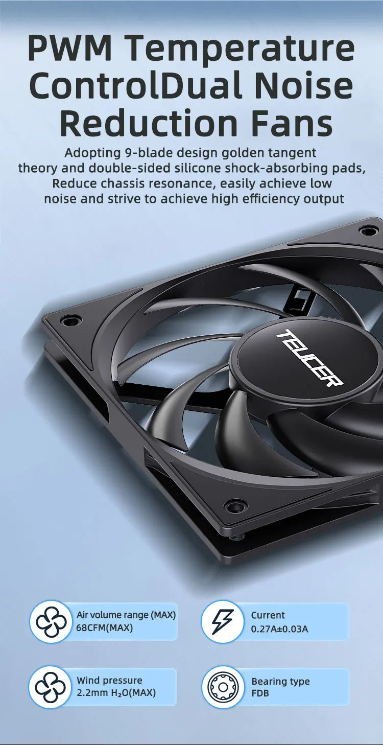 TEUCER UT-12015 PC Fan 120x120x15mm Slim FDB Bearing Case Fan with PWM Sharing Technology (PST), Quiet Motor, 800–2400 RPM