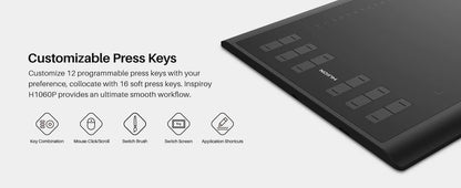 HUION Inspiroy H1060P Graphics Drawing Tablet with 8192 Pressure Sensitivity Battery-Free Stylus and 12 Customized Hot Keys, 10