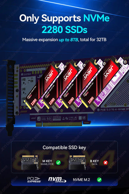 JEYI PCIe 5.0 X16 Quad M.2 Expansion Card - 4-Bay NVMe RAID 0/1/5/JBOD | 512Gb/s Speed | 8TB per SSD | PCIe 4.0/3.0 Compatible