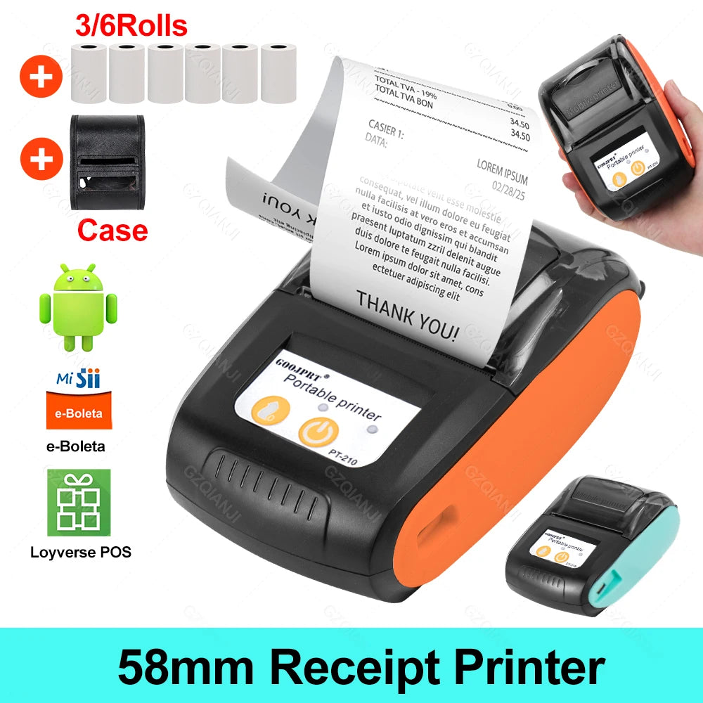 PT-210 58mm 2'' Inch Mini Portable Thermal Printer Wireless Receipt POS Maker Machine Bluetooth for Windows Android iOS Printing