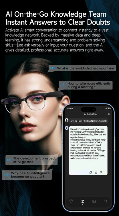 AI Smart Translation Smart Glasses 8 Million HD Camera Optical Image Stabilization Dual Microphone Noise Reduction Smart Glasses