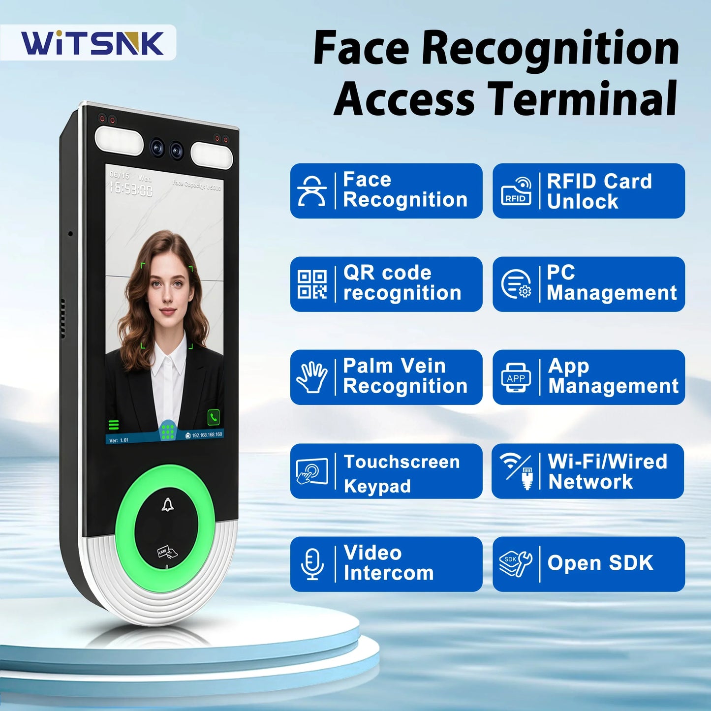 5.5-inch Aluminum Alloy Biometric Face Palm QR RFID Access Control Terminal with Video Intercom Cloud PC Software TCP/IP USB