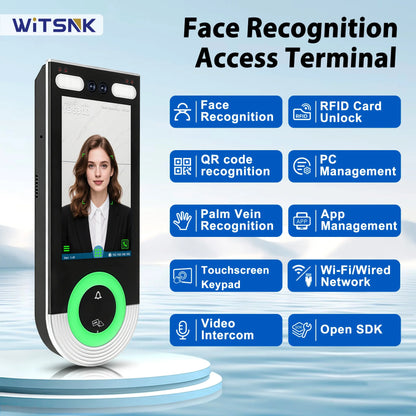 5.5-inch Aluminum Alloy Biometric Face Palm QR RFID Access Control Terminal with Video Intercom Cloud PC Software TCP/IP USB