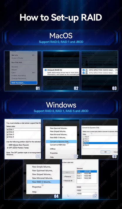 JEYI PCIe 5.0 X16 Quad M.2 Expansion Card - 4-Bay NVMe RAID 0/1/5/JBOD | 512Gb/s Speed | 8TB per SSD | PCIe 4.0/3.0 Compatible