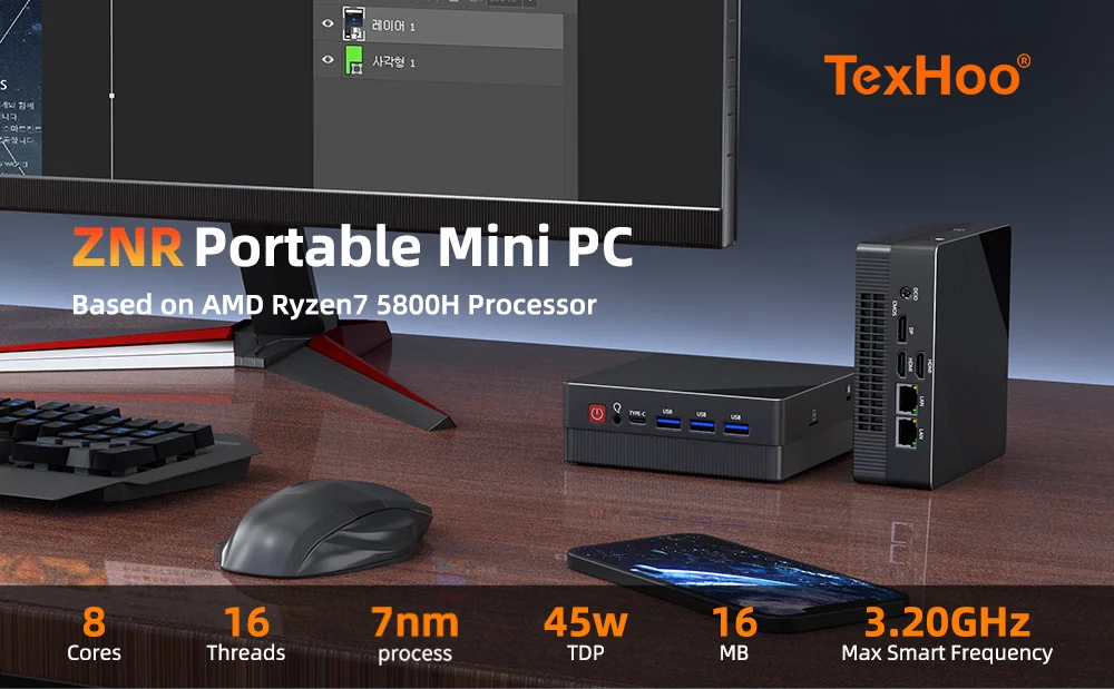 TexHoo Mini PC Computer Gaming AMD Ryzen7 5800H Pocket Dual HDMI LAN WIFI6 Windows 11 Pro NUC Office DDR4 NVMe Four Display