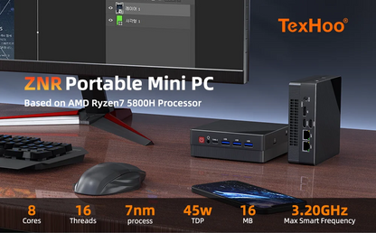 TexHoo Mini PC Computer Gaming AMD Ryzen7 5800H Pocket Dual HDMI LAN WIFI6 Windows 11 Pro NUC Office DDR4 NVMe Four Display