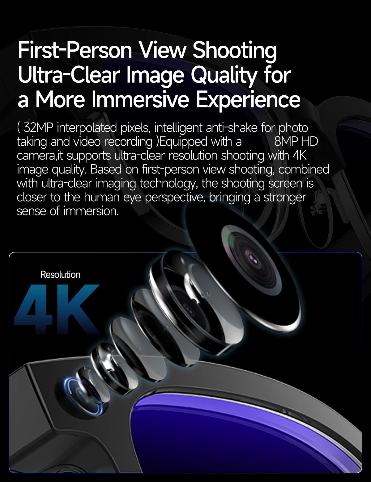 AI Smart Translation Smart Glasses 8 Million HD Camera Optical Image Stabilization Dual Microphone Noise Reduction Smart Glasses