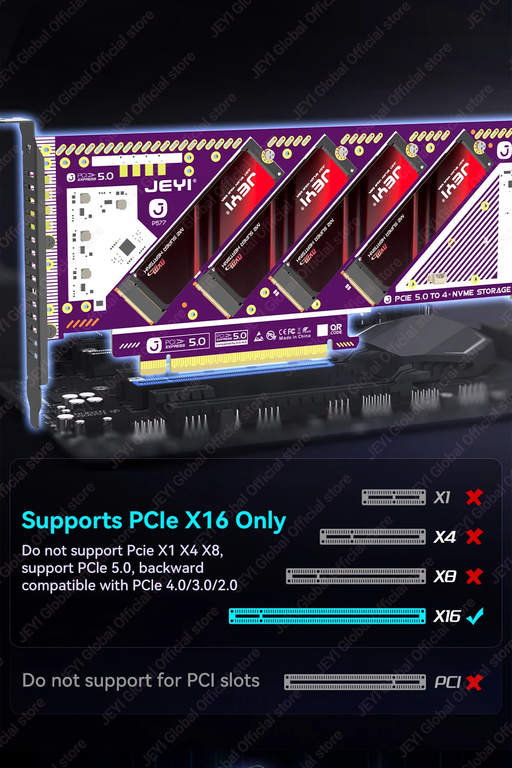 JEYI PCIe 5.0 X16 Quad M.2 Expansion Card - 4-Bay NVMe RAID 0/1/5/JBOD | 512Gb/s Speed | 8TB per SSD | PCIe 4.0/3.0 Compatible