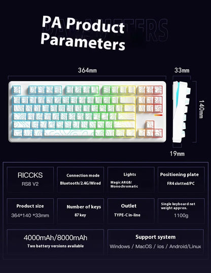 Riccks RS8 V2 Wireless Gaming Mechanical Keyboard Bluetooth 2.4G Wired 8000mAh RGB Hotswap Support QMK-VIA Keyboard for pc Gamer